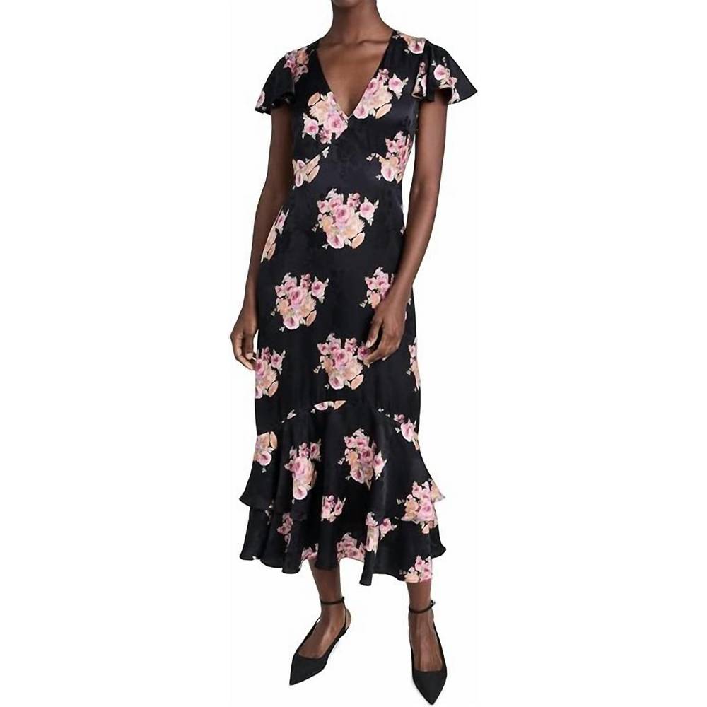 LoveShackFancy Black and Pink Floral Midi Dress